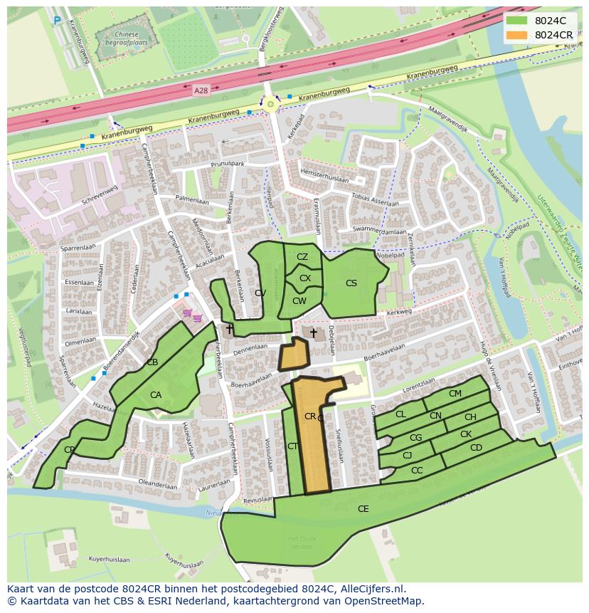 Afbeelding van het postcodegebied 8024 CR op de kaart.