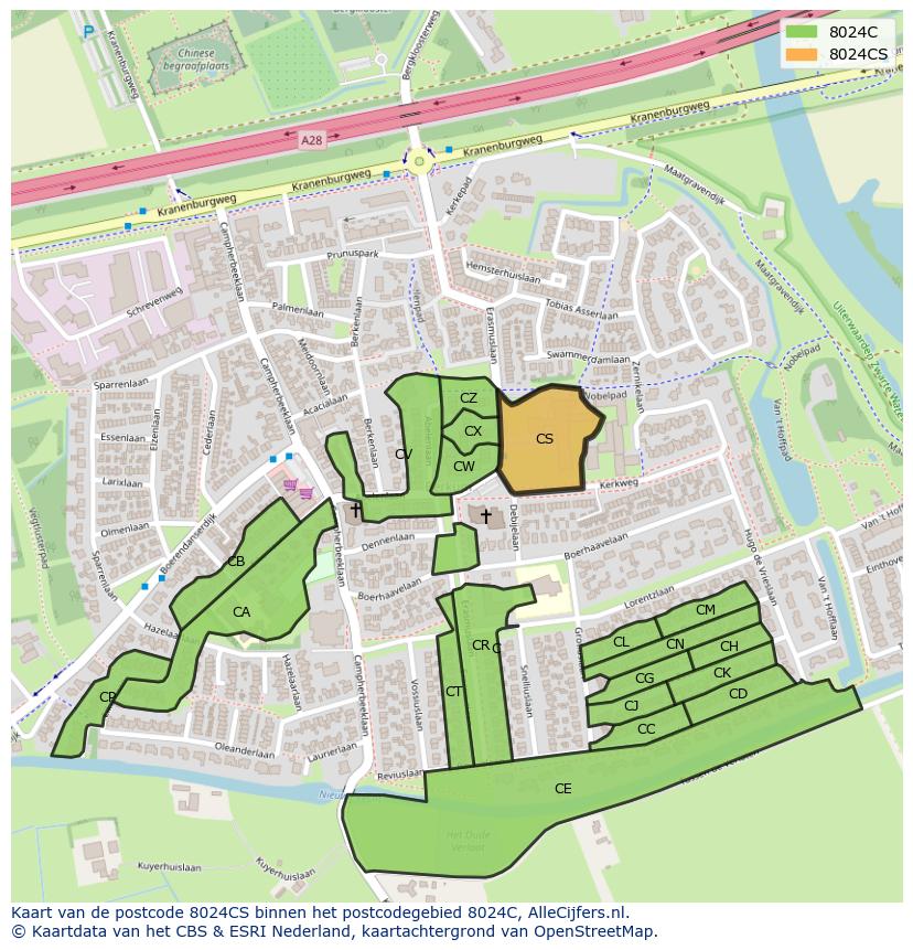 Afbeelding van het postcodegebied 8024 CS op de kaart.