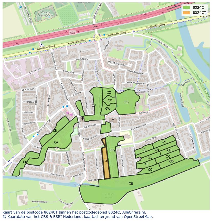 Afbeelding van het postcodegebied 8024 CT op de kaart.
