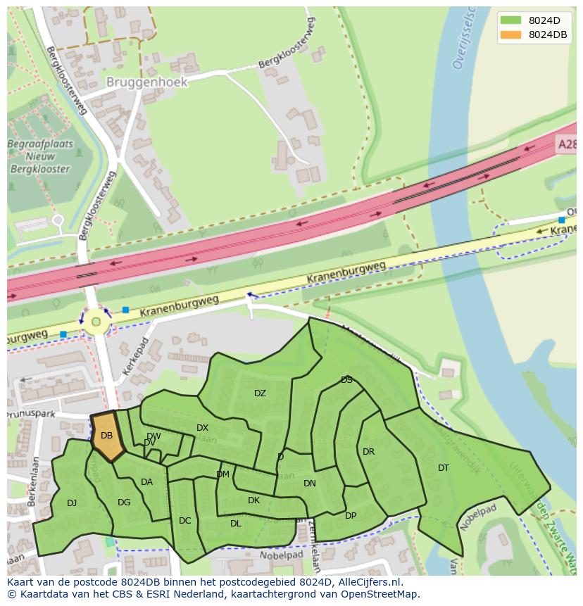 Afbeelding van het postcodegebied 8024 DB op de kaart.