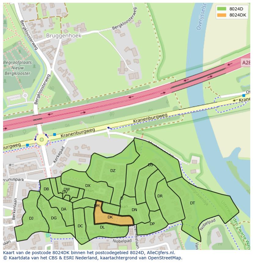 Afbeelding van het postcodegebied 8024 DK op de kaart.