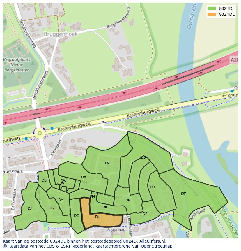 Afbeelding van het postcodegebied 8024 DL op de kaart.