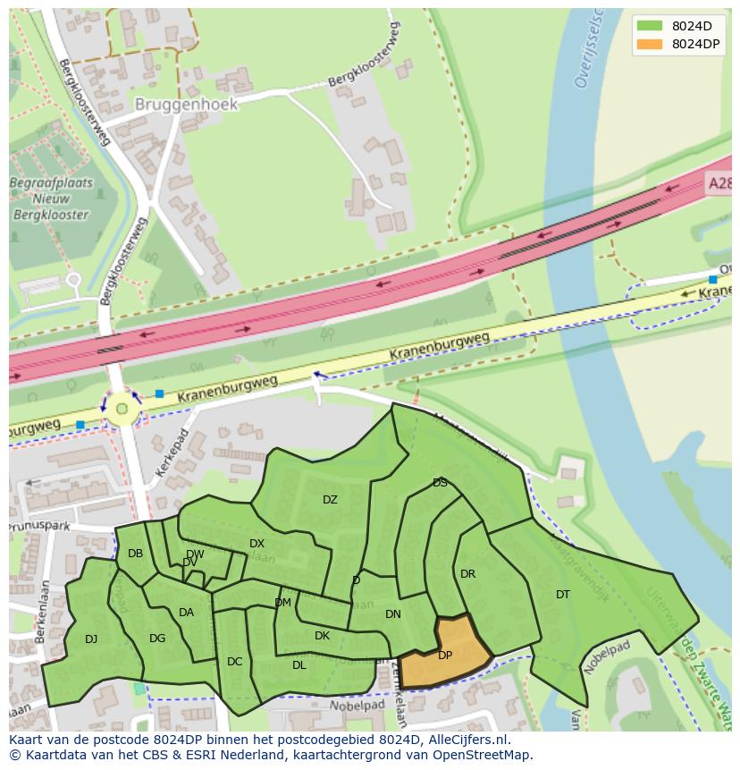Afbeelding van het postcodegebied 8024 DP op de kaart.