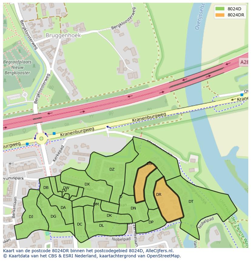 Afbeelding van het postcodegebied 8024 DR op de kaart.