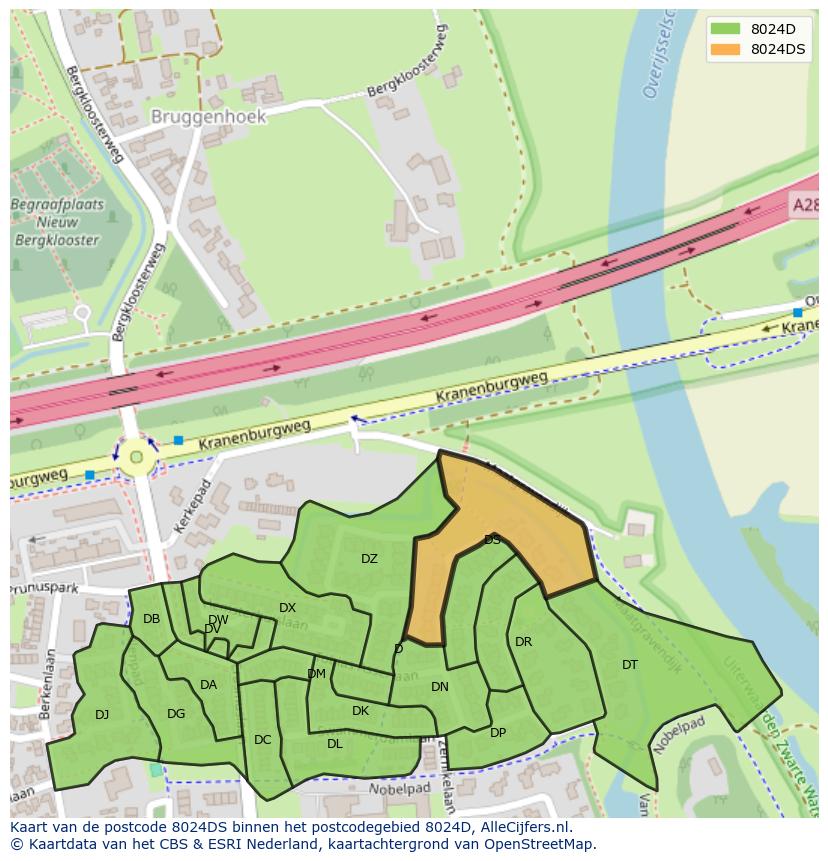 Afbeelding van het postcodegebied 8024 DS op de kaart.