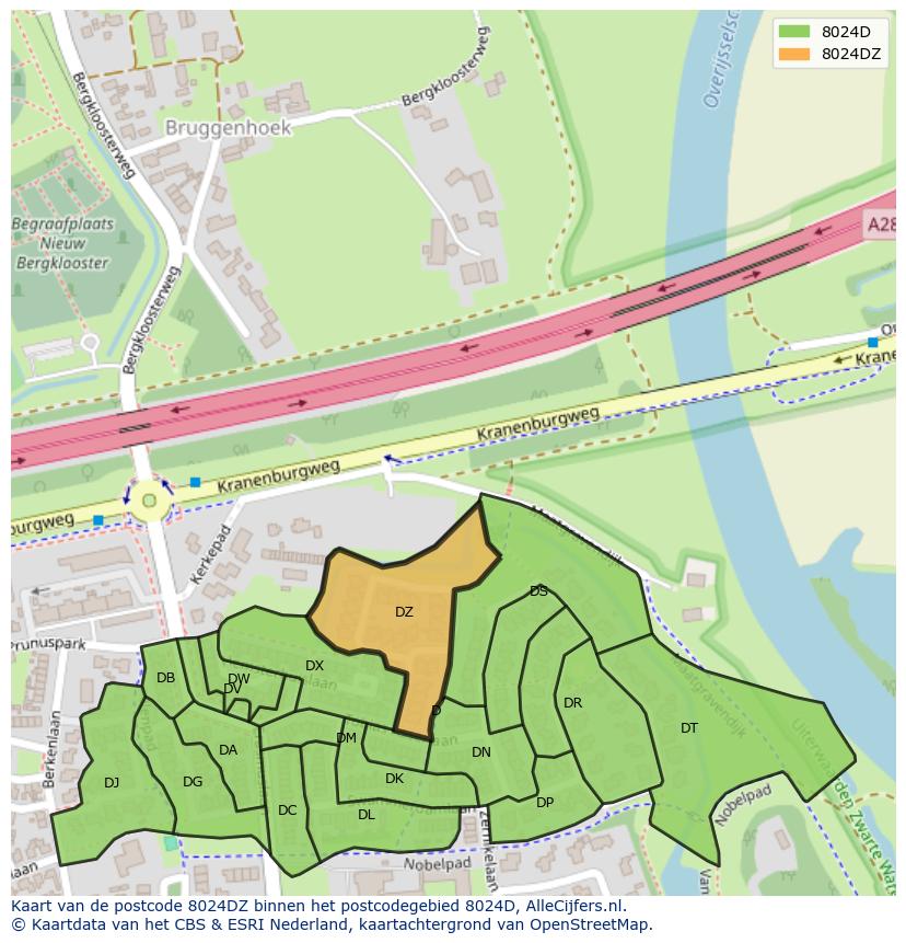 Afbeelding van het postcodegebied 8024 DZ op de kaart.