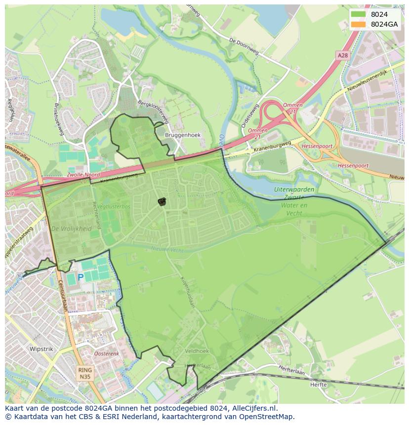 Afbeelding van het postcodegebied 8024 GA op de kaart.