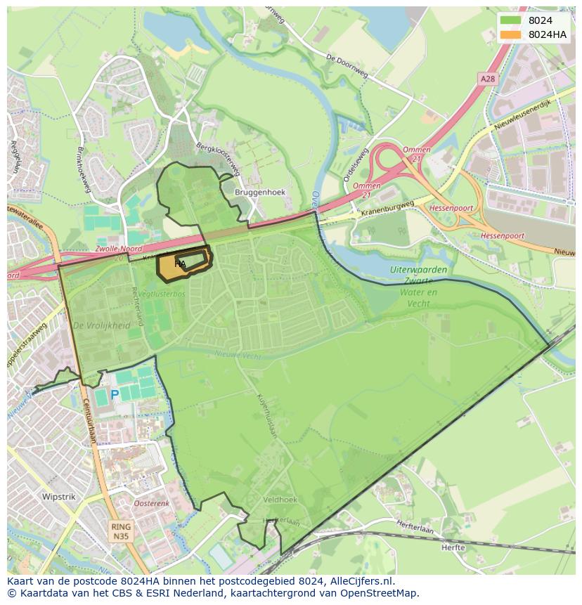 Afbeelding van het postcodegebied 8024 HA op de kaart.