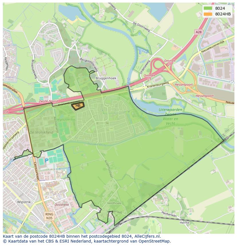 Afbeelding van het postcodegebied 8024 HB op de kaart.