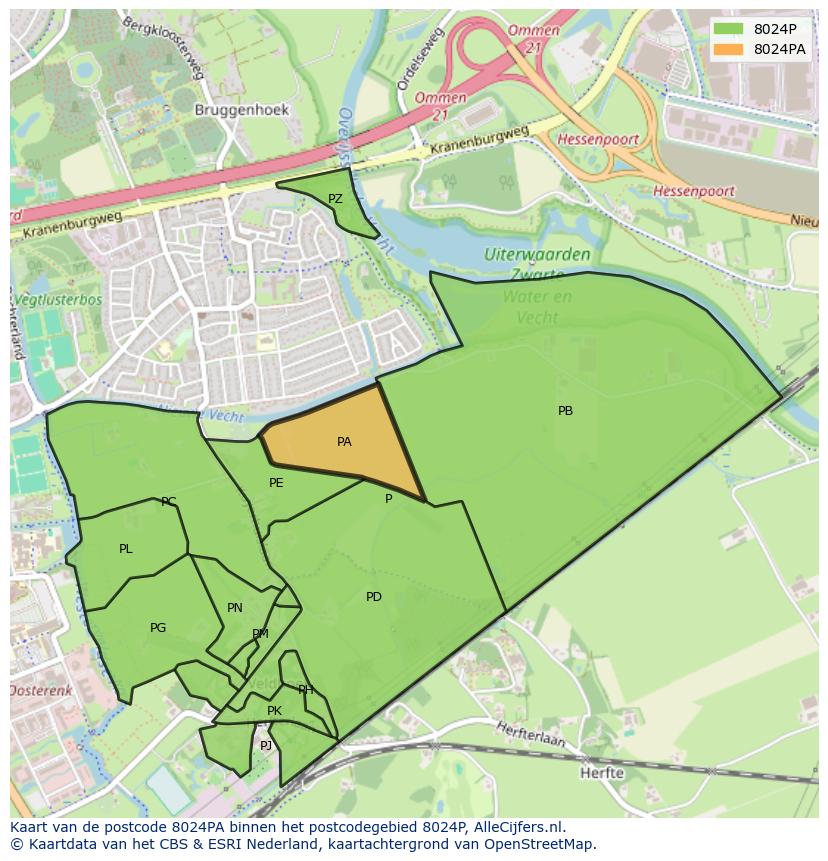 Afbeelding van het postcodegebied 8024 PA op de kaart.