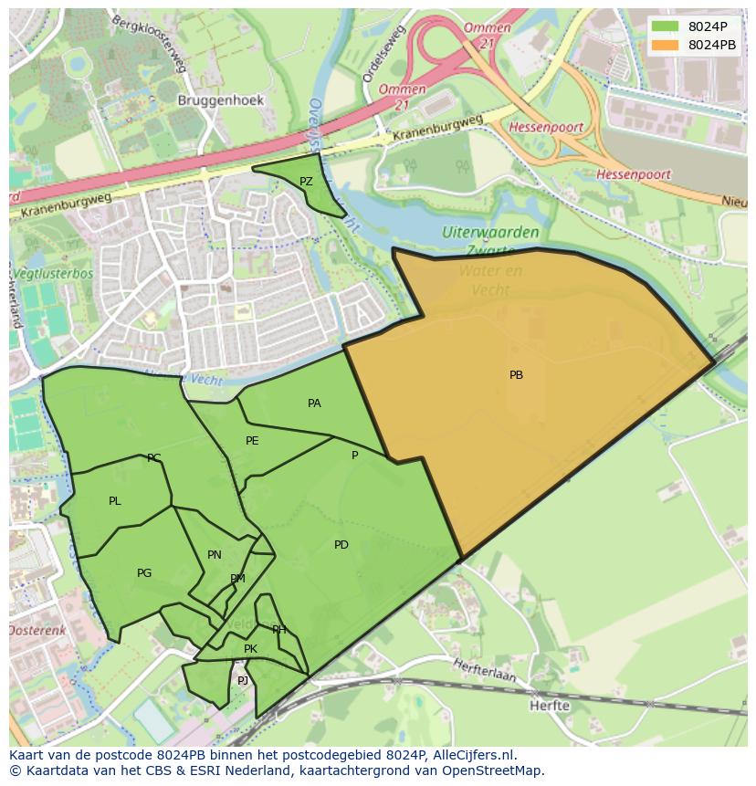 Afbeelding van het postcodegebied 8024 PB op de kaart.