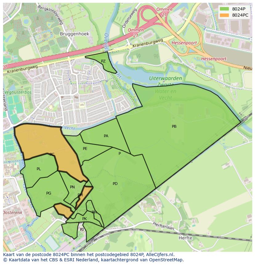 Afbeelding van het postcodegebied 8024 PC op de kaart.