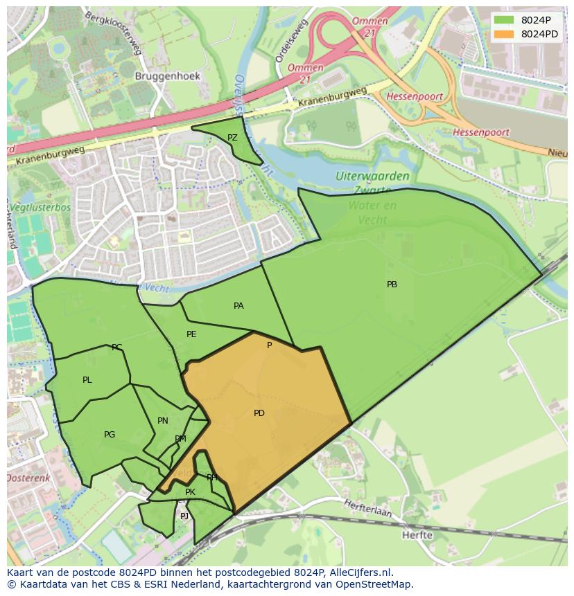 Afbeelding van het postcodegebied 8024 PD op de kaart.