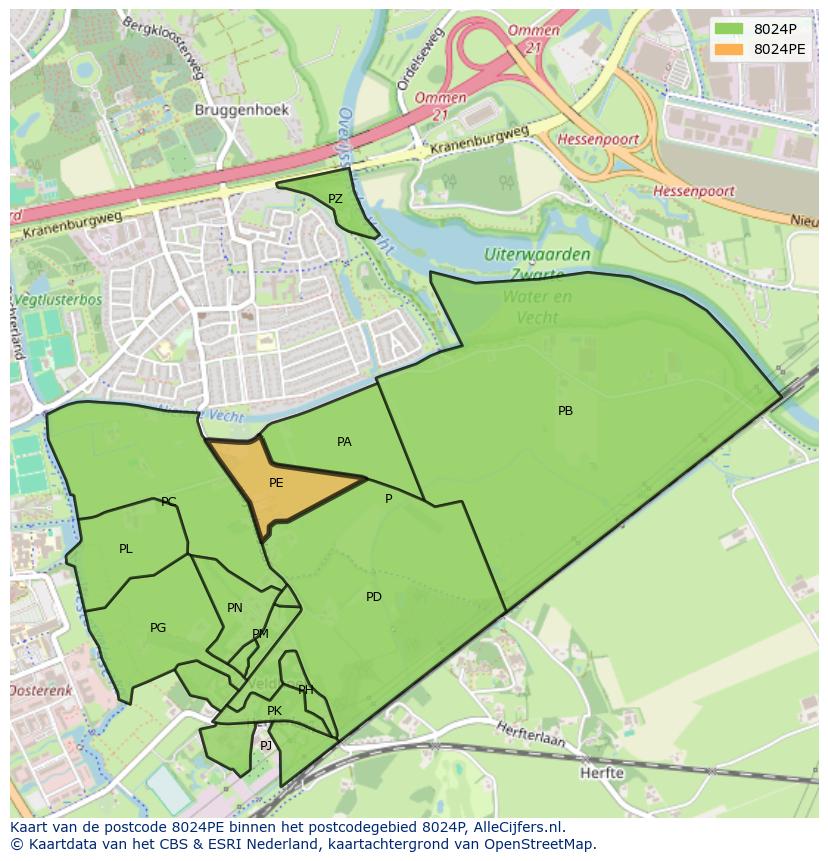 Afbeelding van het postcodegebied 8024 PE op de kaart.
