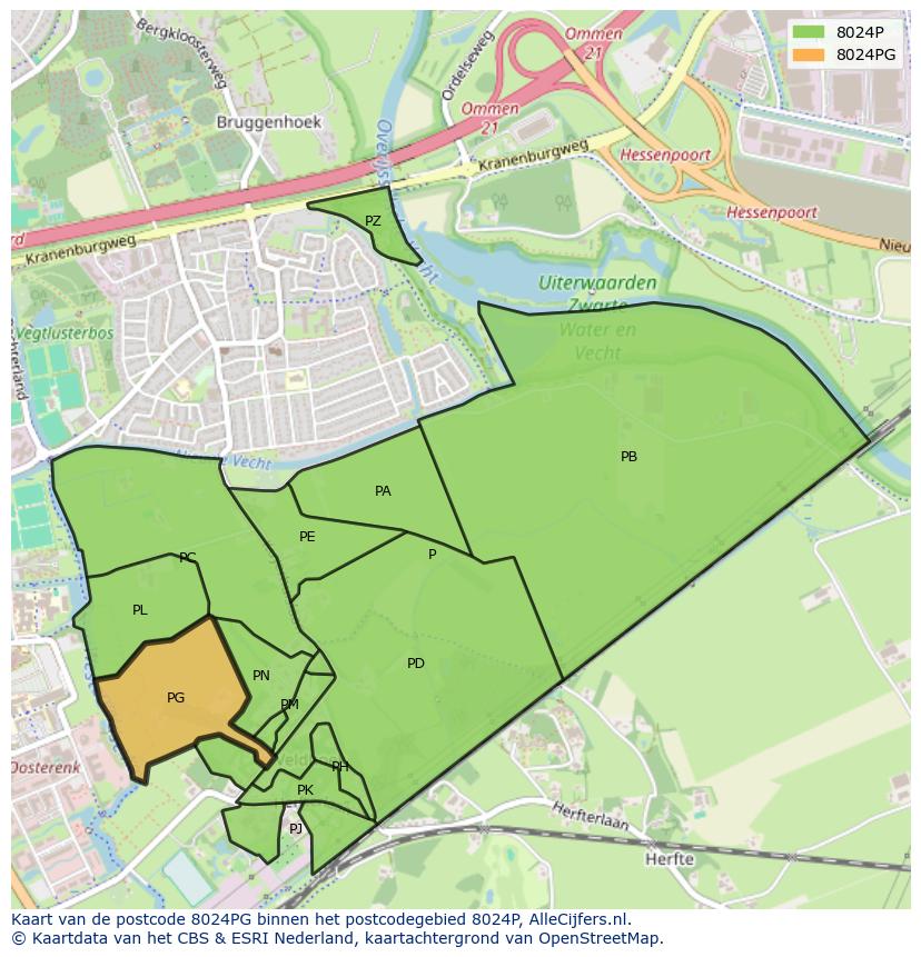 Afbeelding van het postcodegebied 8024 PG op de kaart.