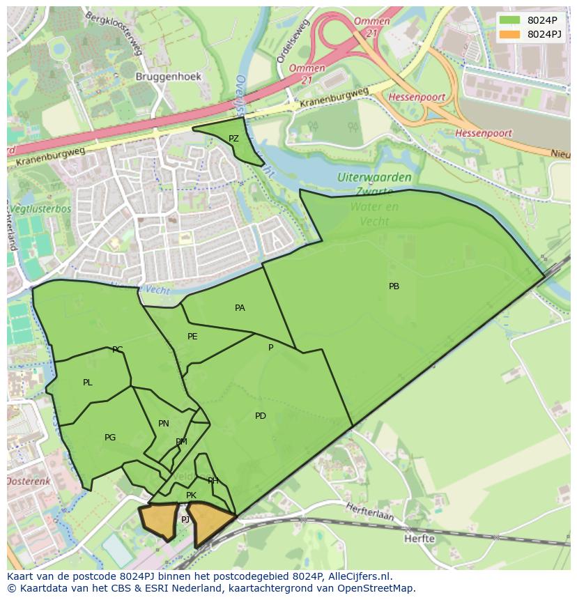 Afbeelding van het postcodegebied 8024 PJ op de kaart.