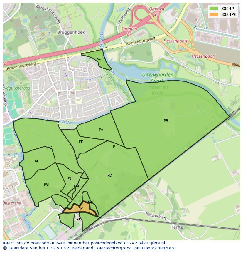 Afbeelding van het postcodegebied 8024 PK op de kaart.