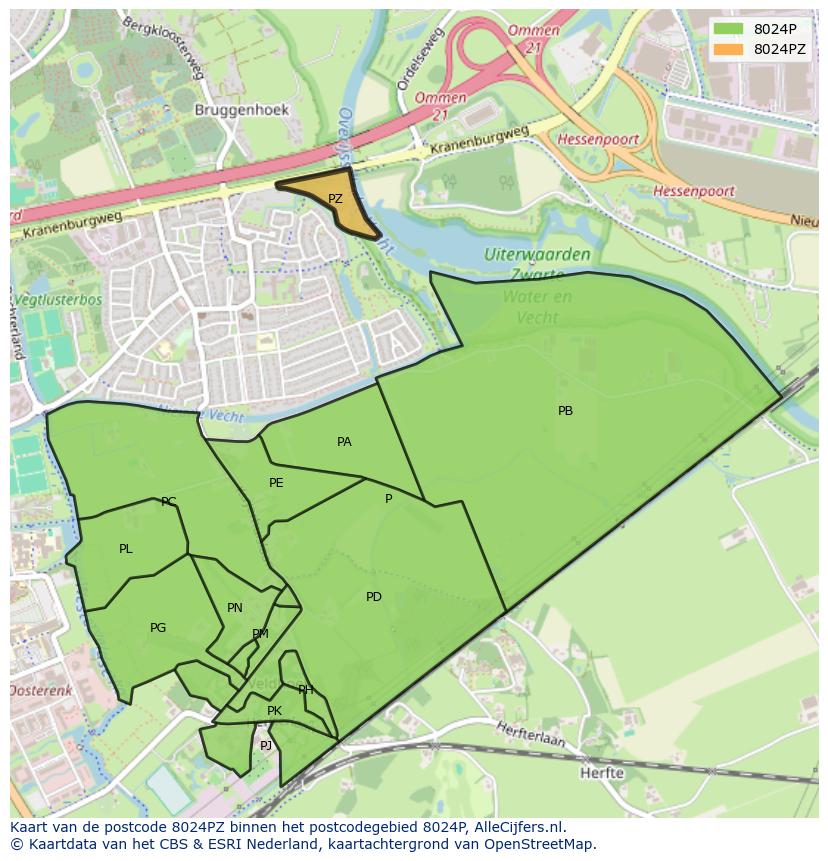 Afbeelding van het postcodegebied 8024 PZ op de kaart.