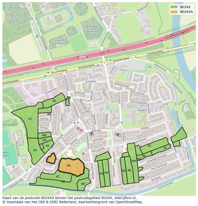 Afbeelding van het postcodegebied 8024 XA op de kaart.