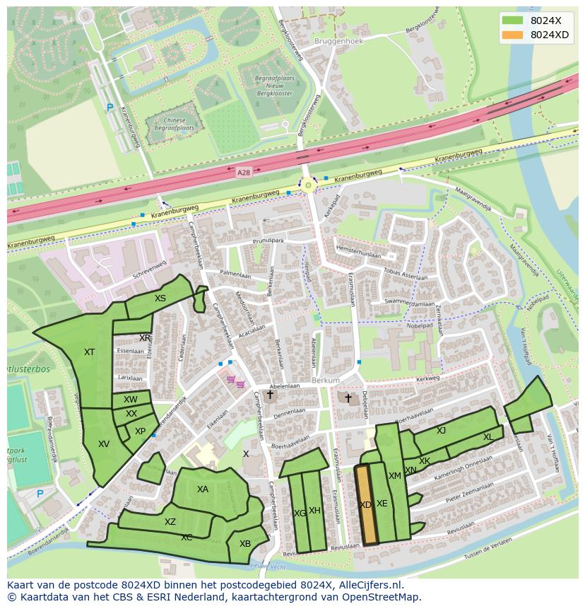 Afbeelding van het postcodegebied 8024 XD op de kaart.