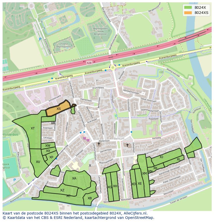 Afbeelding van het postcodegebied 8024 XS op de kaart.