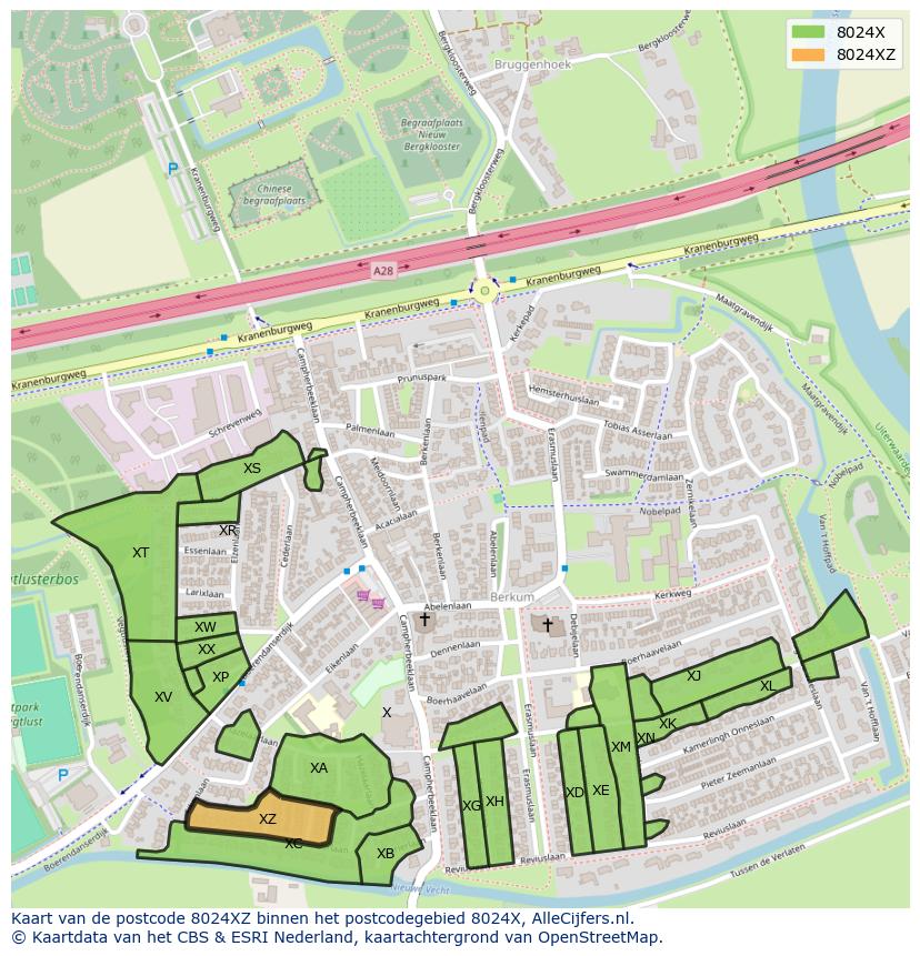 Afbeelding van het postcodegebied 8024 XZ op de kaart.