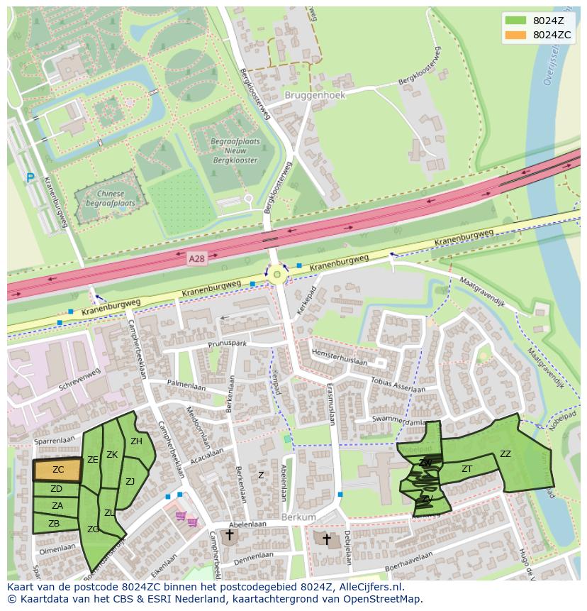 Afbeelding van het postcodegebied 8024 ZC op de kaart.
