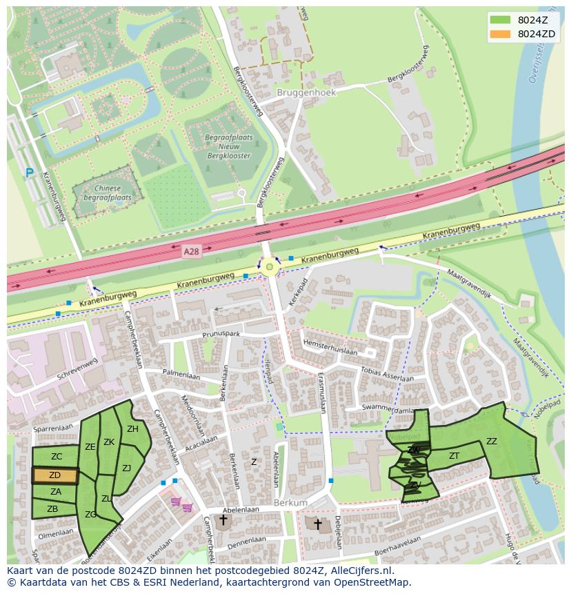 Afbeelding van het postcodegebied 8024 ZD op de kaart.