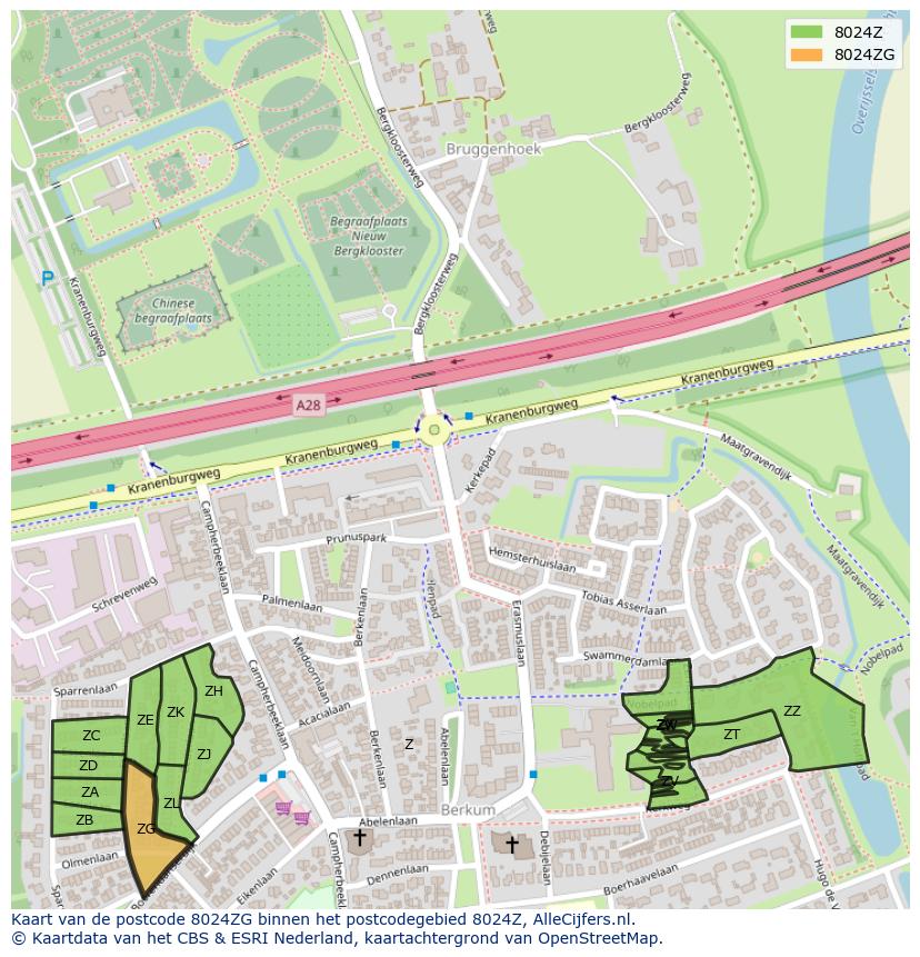Afbeelding van het postcodegebied 8024 ZG op de kaart.