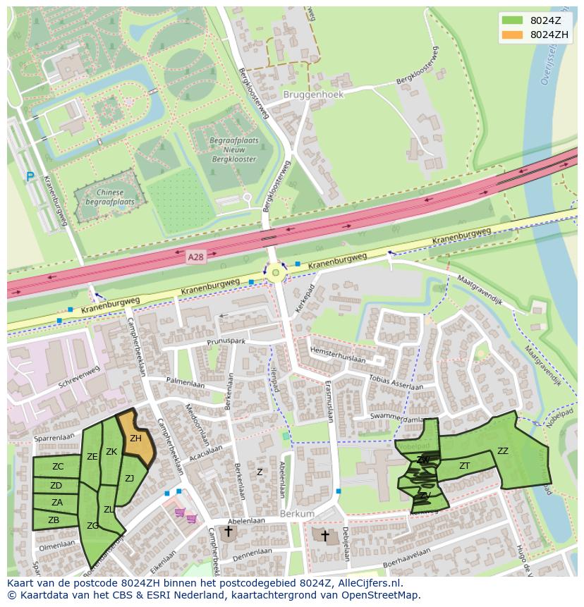 Afbeelding van het postcodegebied 8024 ZH op de kaart.