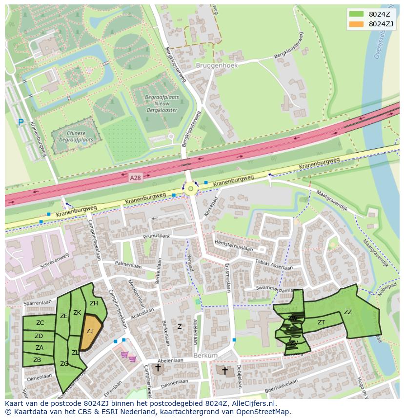 Afbeelding van het postcodegebied 8024 ZJ op de kaart.