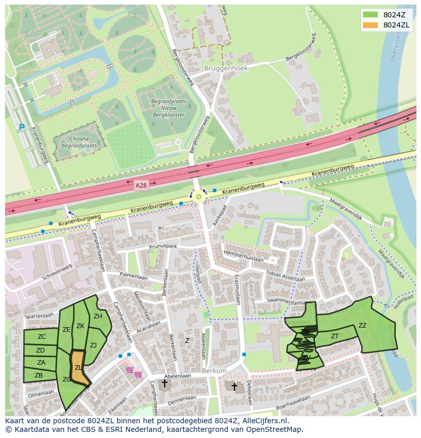 Afbeelding van het postcodegebied 8024 ZL op de kaart.
