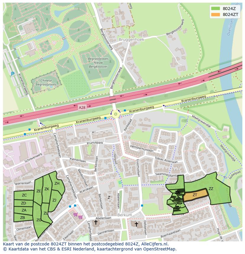 Afbeelding van het postcodegebied 8024 ZT op de kaart.