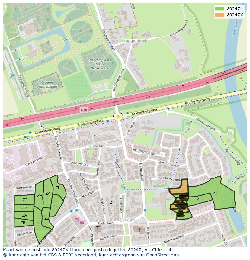 Afbeelding van het postcodegebied 8024 ZX op de kaart.