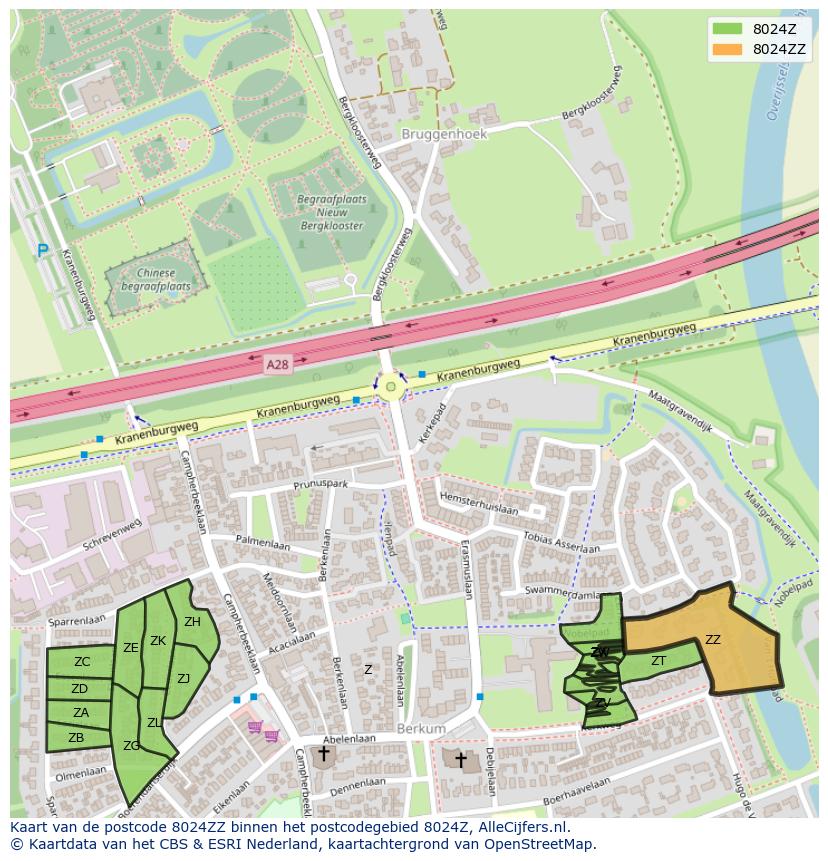 Afbeelding van het postcodegebied 8024 ZZ op de kaart.