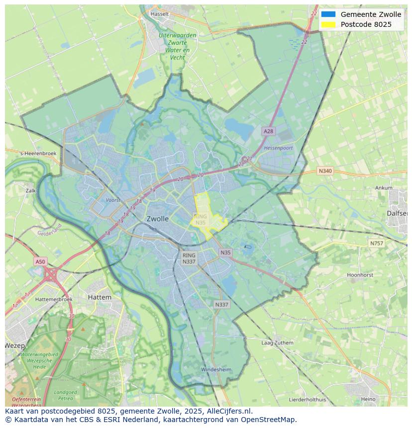 Afbeelding van het postcodegebied 8025 op de kaart.