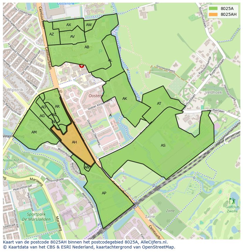 Afbeelding van het postcodegebied 8025 AH op de kaart.