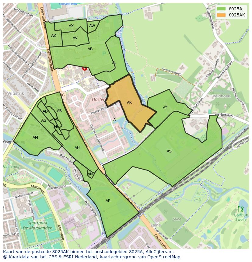 Afbeelding van het postcodegebied 8025 AK op de kaart.