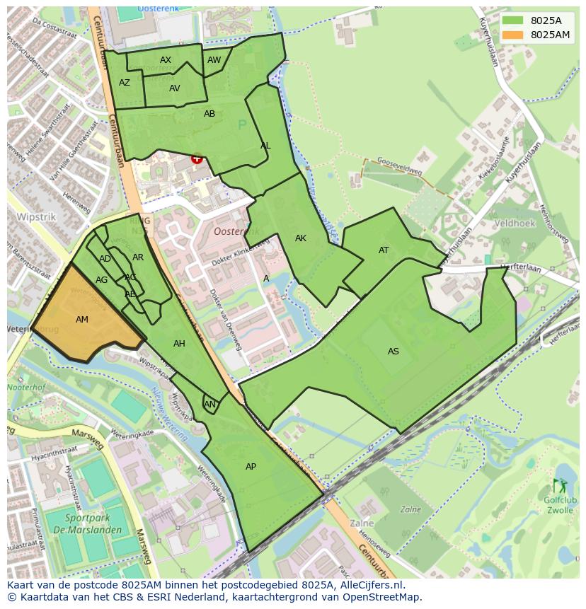 Afbeelding van het postcodegebied 8025 AM op de kaart.