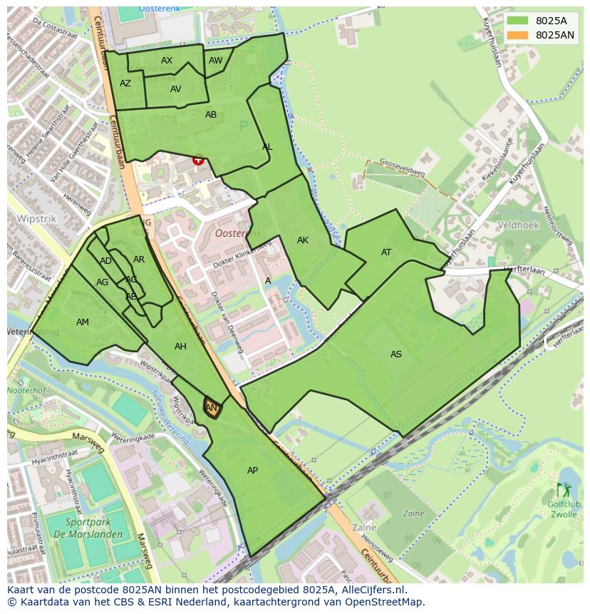 Afbeelding van het postcodegebied 8025 AN op de kaart.