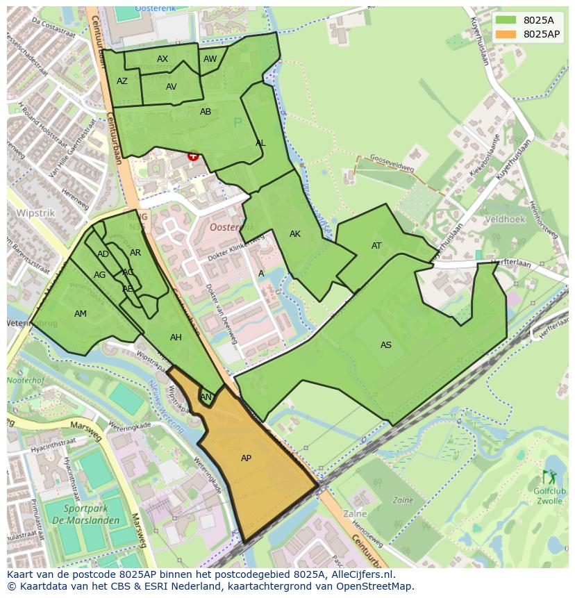 Afbeelding van het postcodegebied 8025 AP op de kaart.
