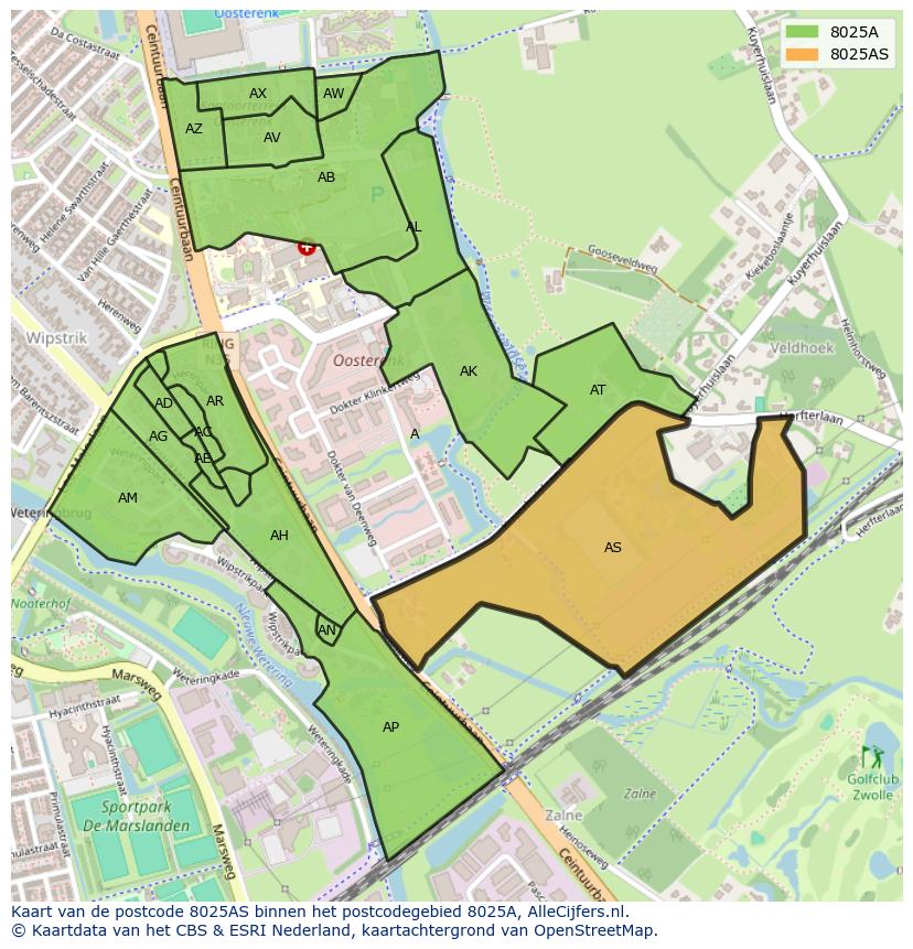 Afbeelding van het postcodegebied 8025 AS op de kaart.