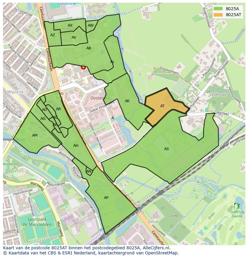 Afbeelding van het postcodegebied 8025 AT op de kaart.
