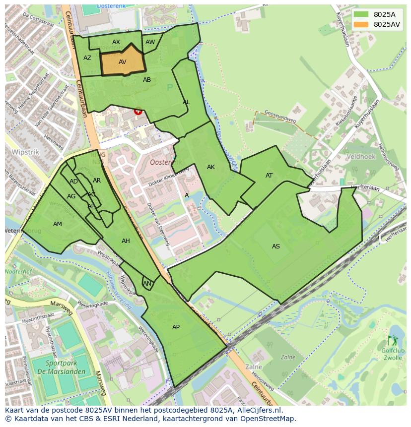 Afbeelding van het postcodegebied 8025 AV op de kaart.