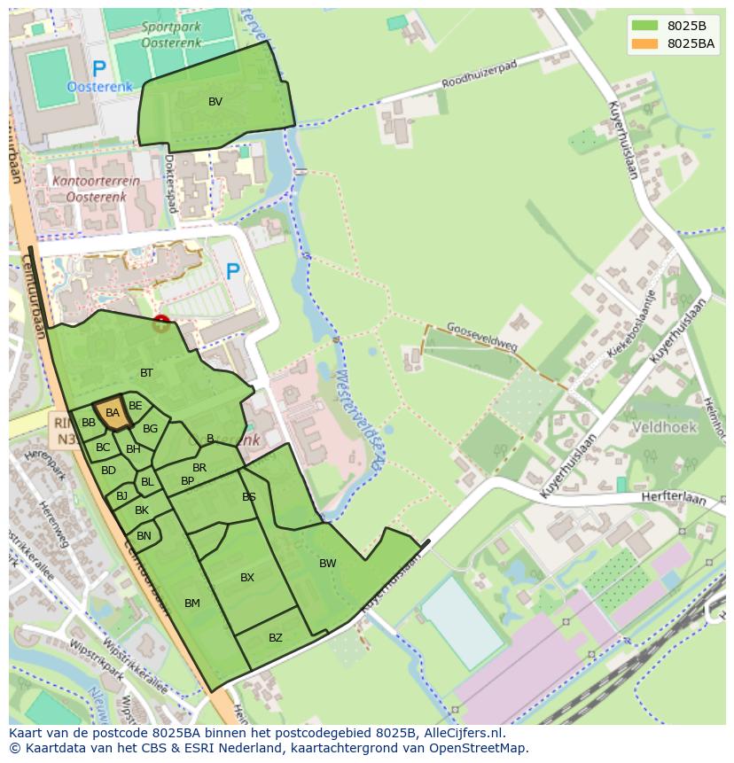 Afbeelding van het postcodegebied 8025 BA op de kaart.