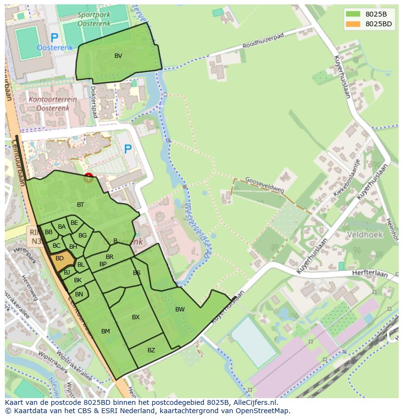 Afbeelding van het postcodegebied 8025 BD op de kaart.