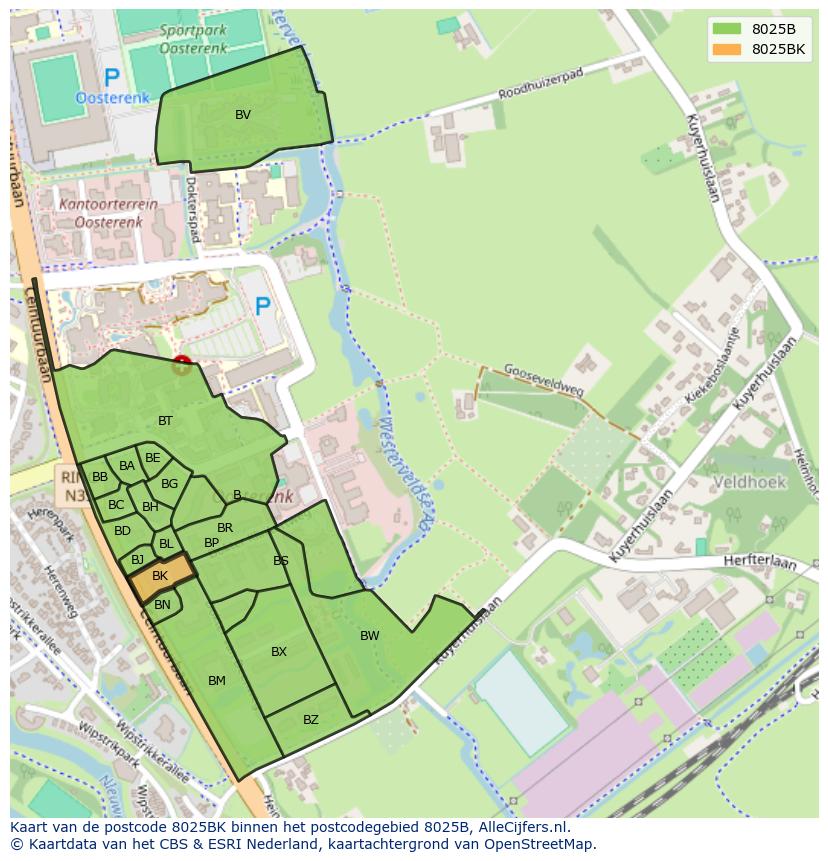 Afbeelding van het postcodegebied 8025 BK op de kaart.