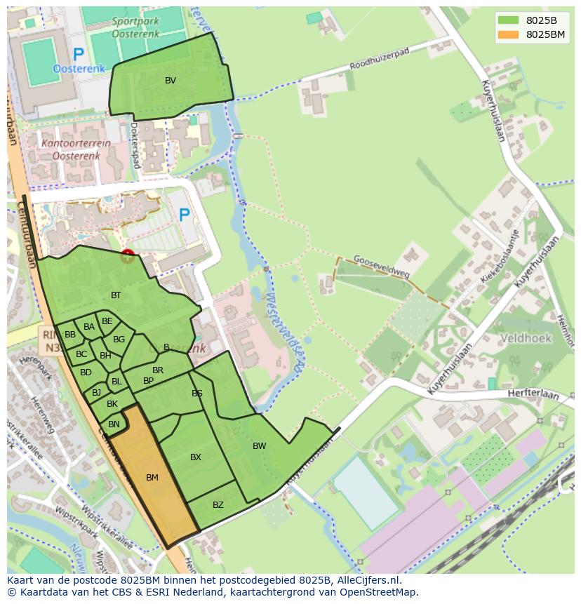Afbeelding van het postcodegebied 8025 BM op de kaart.