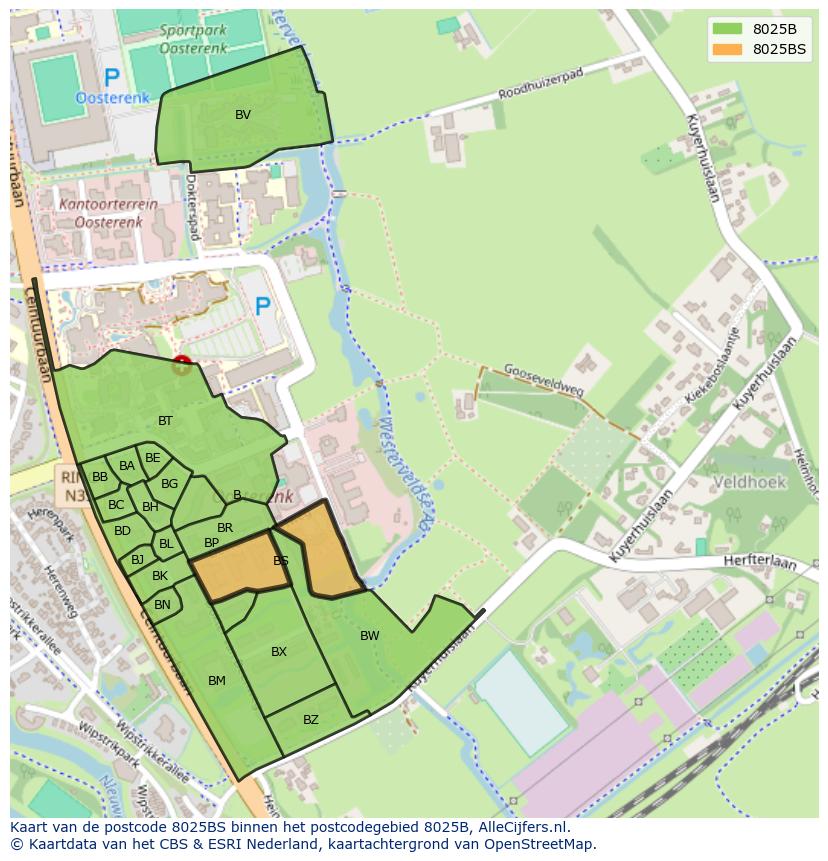 Afbeelding van het postcodegebied 8025 BS op de kaart.
