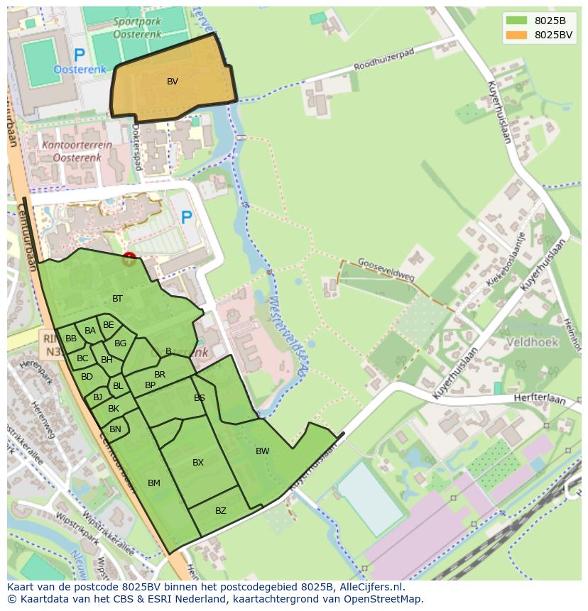 Afbeelding van het postcodegebied 8025 BV op de kaart.